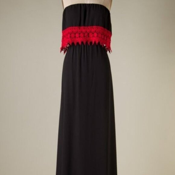 Fascination NWT Small Black Strapless Long Maxi Dress Red Lace Flounce - Picture 2 of 2
